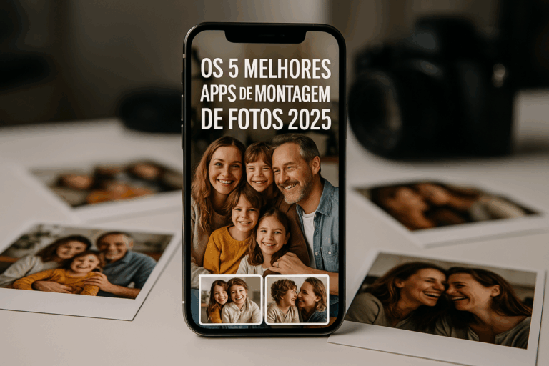 Smartphone moderno exibindo aplicativo de montagem de fotos com colagem de família feliz na tela, cercado por fotos impressas espalhadas em mesa branca, com texto "Os 5 Melhores Apps de Montagem de Fotos 2025"