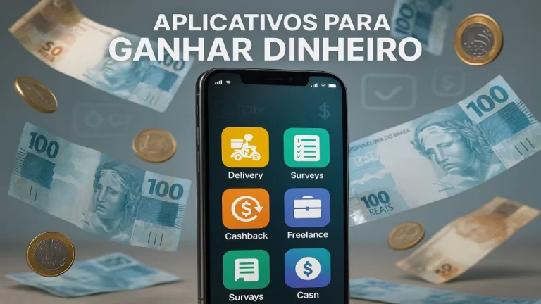 Smartphone moderno exibindo ícones de aplicativos para ganhar dinheiro cercado por notas de real brasileiro e moedas flutuando, com texto 'Aplicativos para Ganhar Dinheiro